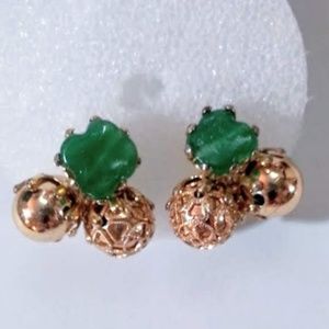 Vogue Vintage filigree gold balls emerald green art glass clip-on earrings EVC